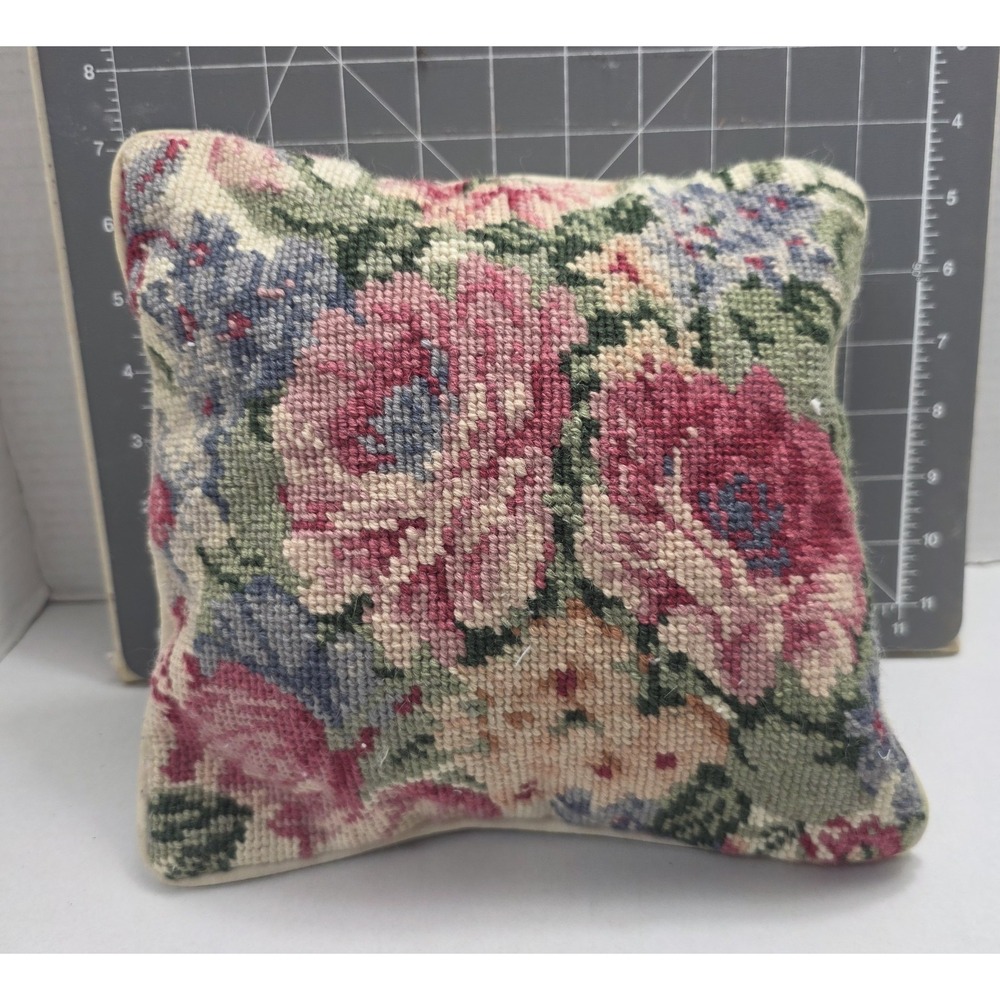Vintage Needlepoint Pillow Floral Roses Wool Handmade Cottage Cabin 10x10 Cream